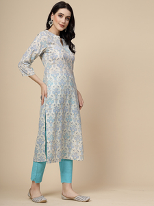 ผู้หญิงออกแบบสีฟ้าพิมพ์เรยอน Kurta กางเกงชุดชุดสํานักงานและสวมใส่ปกติในราคาขายส่งที่ดีที่สุดที่ - Product Image 5
