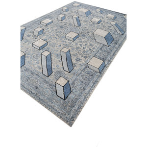 Alfombra AKWS-9001 Azul de Lana y Seda Anudada a Mano con Patrón Abstracto para Uso Doméstico, Jugando con la Tradición - Product Image 2