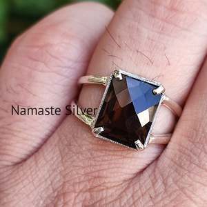 Handmade Boho <b>Statement</b> <b>Ring</b> Smoky Quartz Silver Cushion Checker Cut Brown Gemstone Fine Sterling Silver Birthday Gift for Him - Product Image 1