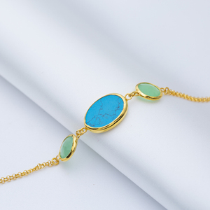 Turquoise Quartz Gold Bezel Round and Oval <b>Charm</b> <b>Silver</b> <b>Bracelet</b> Wholesale Handmade 925 Sterling Jewelry - Product Image 2