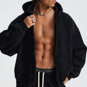 เสื้อฮู้ดมีซิปสีพื้นผ้าขนแกะผ้าฝ้ายหนาพิมพ์ลายโลโก้แบบซิปคู่สำหรับฤดูหนาว - Product Image 4