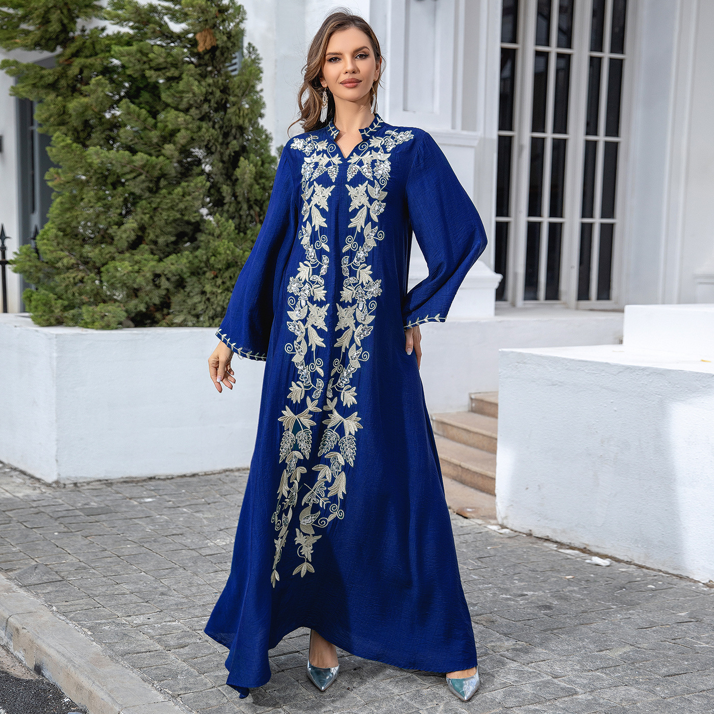 Embroidered Collared V-Neck Abaya Dress - Moroccan Kaftan