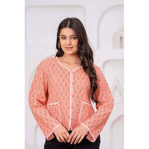 Chaqueta Acolchada de Algodón Hecha a Mano en India, Estampado Floral Color Durazno, Exterior de Cuero Bordado, Logotipo Personalizable, Otoño, Primavera, Invierno, Talla XL - Product Image 1