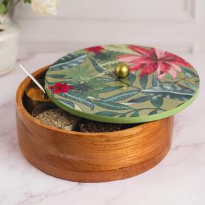 Casserole en bois d'acacia tendance au design moderne fait à la main de haute qualité avec couvercle imprimé de flore verte personnalisée emballage cadeau pour le stockage des épices et des herbes - Product Image 5