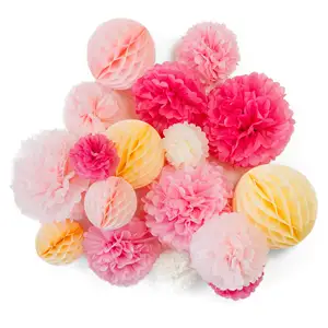 Set bianco rosa palla di carta rotonda pieghevole ventaglio di carta decorazione a nido d'ape pompon neonata bambina 1 ° compleanno per festa bomboniera