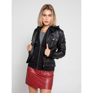 Annalise แจ็คเก็ตหนังซาตินผู้หญิงแบบกลับด้านได้, เสื้อแจ็คเก็ตหนังแกะประดับพู่ไข่มุกเสื้อเบสบอลสีพื้นย้อมสีล้วนแบบกำหนดเองได้ - Product Image 1