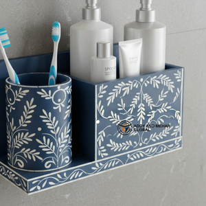 Organizador de Baño de Pared con Incrustaciones de Hueso Azul de Lujo, Estante de Almacenamiento con Diseño Floral - Product Image 1