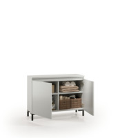 Buffet compact moderne en bois Terraneo Grigio avec poignées en bois, portes/étagères de rangement, meubles de salon, organisation de la maison