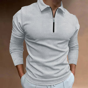 Polo d'été à manches longues et de couleur unie pour hommes T-shirt à col bas et à fermeture éclair Casual Street Wear Top pour hommes - Product Image 5
