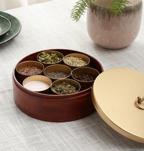 Caja de especias de madera de pino/caja de Masala con tapa dorada siete soportes contenedores contenedor de especias con cuchara decoración de cocina de madera - Product Image 2