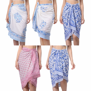 Custom Women's Indigo Floral Cotton <b>Sarong</b> Hand Block Printed <b>Beach</b> Wrap Soft Voile Fabric Summer Scarf Multi-use Pareo Dress - Product Image 1