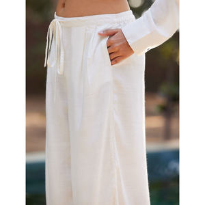Casual Flare <b>Palazzo</b> <b>Pants</b> Breathable Knitted Viscose Slub Solid Winter <b>White</b> - Product Image 3
