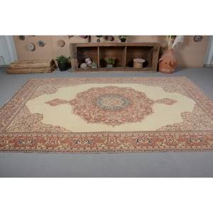 พรมตุรกีวินเทจคลาสสิกสีเบจสีแดง6.7 x 10.5ft พื้นที่ขนาดใหญ่รูปแบบการเย็บปะติดปะต่อกันวัสดุขนสัตว์ยาง10มม. สำหรับพรมทางเดินข้างเตียง - Product Image 2