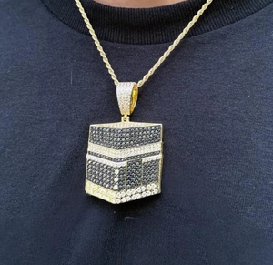 925 Sterling Silver Islamic Jewelry Moissanite <b>Black</b> & White Diamond Round Kaaba <b>Pendant</b> - Product Image 2