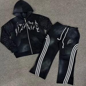 Premium Quality <b>Sun</b> Fade Sweatsuit Rhinestone Sweatsuit OEM Service ODM Design Boxy Fit Hoodie And Pant <b>Stripped</b> Sweastsuit - Product Image 6