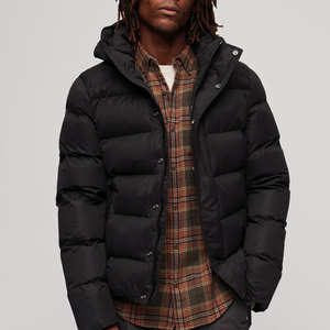 Venta al por mayor de los hombres de invierno bombardero chaqueta acolchada de alta calidad logotipo personalizado negro abajo ropa de fitness con soporte de cuello tela de lona - Product Image 1
