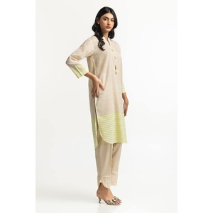 Women's Beige Dyed Jacquard Florescent Mandarin Collar Shirt - Product Image 4