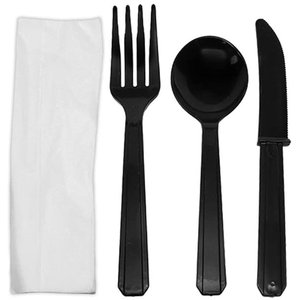 Couverts en plastique noir avec couteau cuillère fourchette et serviette vaisselle en plastique ensemble de couverts en plastique ensemble de repas de poids mi-lourd - Product Image 1