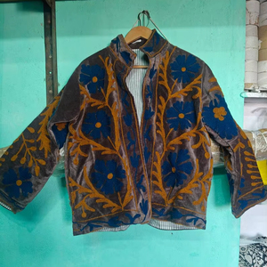 Chaqueta Reversible de Terciopelo y Algodón con Bordado Suzani a Mano, Abrigo Unisex, Chaleco, Disfraz, Blazer - Product Image 1