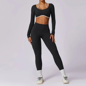 2-Piece Women's Solid Pattern Yoga Workout Sportswear Set High Waist <b>Gym</b> Leggings & Long <b>Sleeve</b> Crop Top Fitness <b>Gym</b> Clothing - Product Image 2