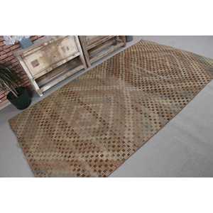 Vintage Kilim Area Rug 4.5x8.1 ft (138x246 cm), Turkish <b>Brown</b> Abstract <b>Wool</b> Rug - Product Image 3