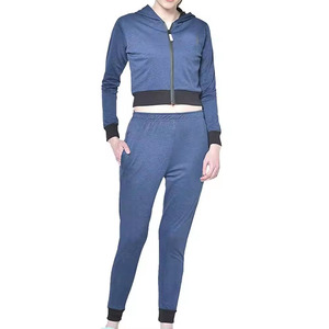 Chaqueta recortada con capucha y cremallera completa, pantalones para correr, ropa deportiva, chándales azul marino para mujer de Pakistán Sialkot - Product Image 6