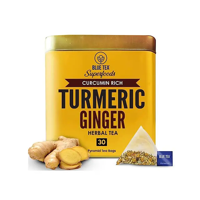 BLUE TEA - Turmeric Ginger Tea Bags - 30 TB INDIAN SUPERFOOD Turmeric Tea - High in Curcumin | Caffeine Free, Non-GMO |