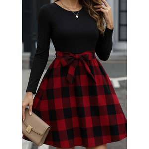 Vestido corto de viscosa con cuello redondo y manga larga para mujer, 28954 - Negro - Product Image 2
