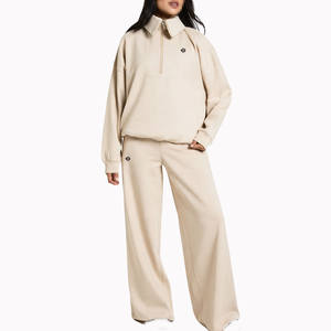 Wholesale Ladies Relaxed Fit Half <b>Zip</b> <b>Sweatshirt</b> and Wide Leg Jogger Soft Touch Casual Lounge Wear Two Piece Apparel - Product Image 1