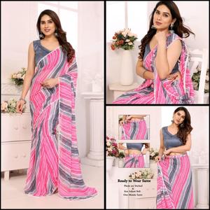 Sari traditionnel prêt-à-porter en soie géorgette lourde Dhwaja Export avec blouse Banglori et dentelle - Product Image 4