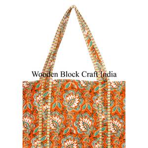 กระเป๋าผ้าฝ้ายพิมพ์ลายบล็อกแบบอินเดีย ทำมือ กระเป๋าโท้ทสำหรับผู้หญิง กระเป๋าสะพายไหล่แบบควิลท์พิมพ์ลายบล็อกทำมือ - Product Image 2