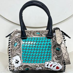 กระเป๋าดัฟเฟิลกับมือตะวันตกหนังแท้แบบเร็วพร้อมสลักลายดอกไม้สีเทอร์ควอยซ์กระเป๋าสะพายไหล่สำหรับผู้หญิง - Product Image 1