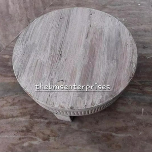 Rustic Wooden Farmhouse <b>Round</b> <b>Stool</b> Whitewash Wooden Chakki Display Stand Beautiful Carved Wooden Central Coffee Table - Product Image 5