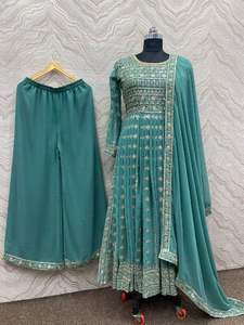 Readymade hint pullu işlemeli Sharara Gharara Kurti seti, Georgette kumaş, pakistan tasarımcı etnik giyim 3 adet Set - Product Image 2