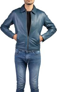 Veste en cuir bleu pour homme sur mesure, cuir véritable, style motard décontracté pour l'exportation, fermeture éclair sur le devant, coupe ajustée, vêtements d'extérieur décontractés, vente en gros - Product Image 4
