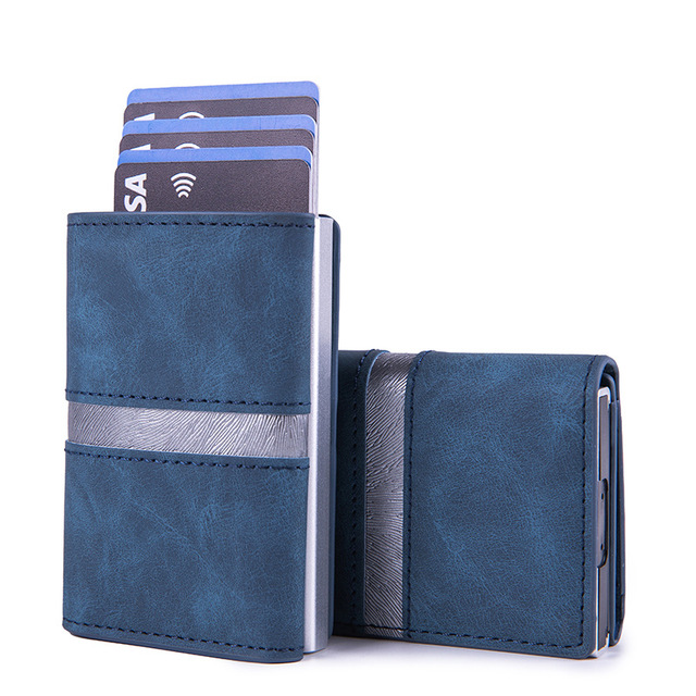 Wholesales Men Magnet Pop up Wallet Card Holders Ultra-thin RFID Anti-theft Swipe Card case Genuine Leather Metal Wallet