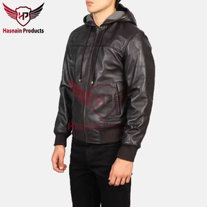 Chaqueta de cuero bombardero genuino de cordero negro de moda de calidad superior para hombre con capucha desmontable Chaqueta de cuero bombardero elegante para hombre - Product Image 3