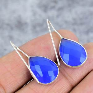 เพชรคาลซิโดนีสีน้ำเงิน925ต่างหูเงินสเตอร์ลิงห้อยอัญมณีรูปทรงลูกแพร์ดีไซน์ลวดสำหรับงานเลี้ยงงานแต่งงานของขวัญ - Product Image 4