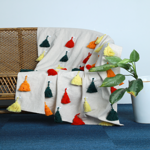 Manta de lino Chambray Bliss de alta calidad, borlas coloridas, decoración de sofá de tacto suave, manta de viaje tejida de tamaño personalizado para Home Hotel - Product Image 1