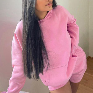 Sudadera con capucha Terry y pantalones cortos de chándal de gran tamaño con logotipo personalizado sólido de alta calidad para mujeres de talla grande ODM - Product Image 2