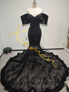 Ocstrade, usine chinoise, promotion, nouvelles arrivées, robe de bal sirène élégante en strass noir avec épaules dénudées - Product Image 3