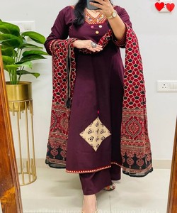 Fancy Rayon Slub Applique Work Top Bottom Dupatta FESTIVE WEAR WHOLESALE PRICE Ethnic Garment Wine Cotton Blend In-Stock Quick - Product Image 4