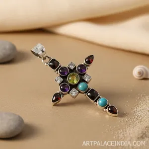 Bien # # # # Collar con Colgante de Cruz de Plata de Ley 925 con Piedras Preciosas para Mujer - Product Image 2