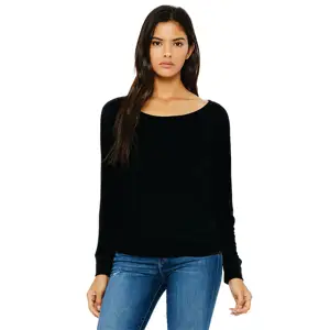 Relaxed Drapey Fit Rib Cuffs 65% Poly 35% Cotton 32 Single 3.7 oz Black Womens Flowy Long Sleeve Off Shoulder T-Shirt