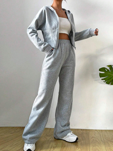 Vente en gros Automne 100% Coton Sweat à capuche à fermeture éclair et cordon de serrage Ensemble de survêtement surdimensionné Deux pièces Jogging Ensemble de fitness Survêtement personnalisé - Product Image 3