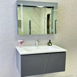 Meuble de salle de bain moderne de luxe en bois massif avec lavabo en céramique intégré, 2 étagères, poignées en acier inoxydable et design lumineux - Product Image 2
