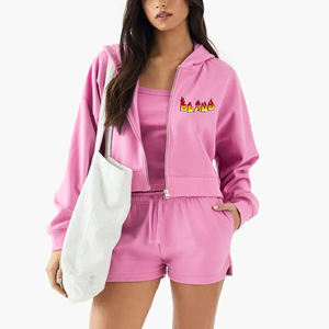 Custom 2-Piece Set Women's Loose Fit Crop Hoodie & Shorts Zipper Loungewear Embroidery Lace Patches Decor Comfortable Tracksuit - Product Image 4