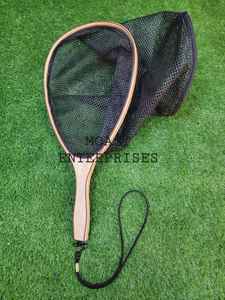 Épuisette de pêche à la mouche d'extérieur avec cadre en bois et filet en caoutchouc, outil de capture de truites à lancer à la main - Product Image 2