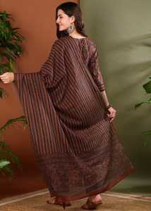 Kurta Droite en Coton à Imprimé Floral pour Femmes avec Pantalon à Bas Élastique et Dupatta Longueur Mollet Col en V Détail Gota Marron - Product Image 2