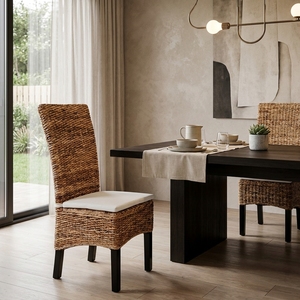 Chaise de salle à manger en feuilles de bananier tressées naturelles, dossier haut, en jonc de mer, avec coussin blanc, pour aménagement intérieur, mobilier et décoration, design artistique pur - Product Image 2